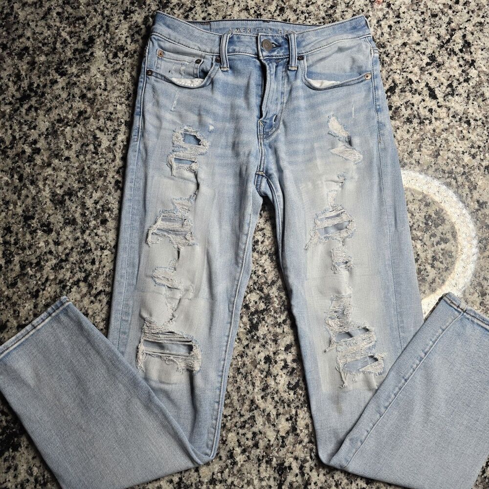American Eagle Airflex 360 Slim Light Blue Mens Jeans 28X30 Distressed